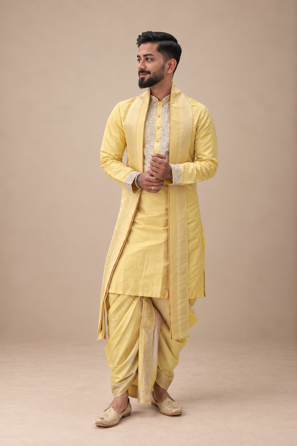 Men’s Mustard Gold Semi Pattu Kurta with Semi Pattu Pancha & Angavastram | Embroidered Wedding Dhoti Set