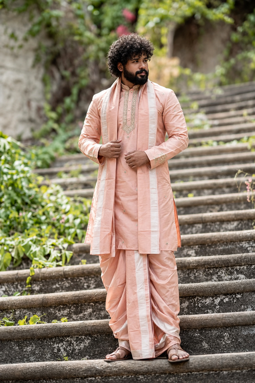 Royal Blush Men's Kurta with Thirunamam, Shanku & Chakra Embroidery | Premium Festive & Wedding Wear