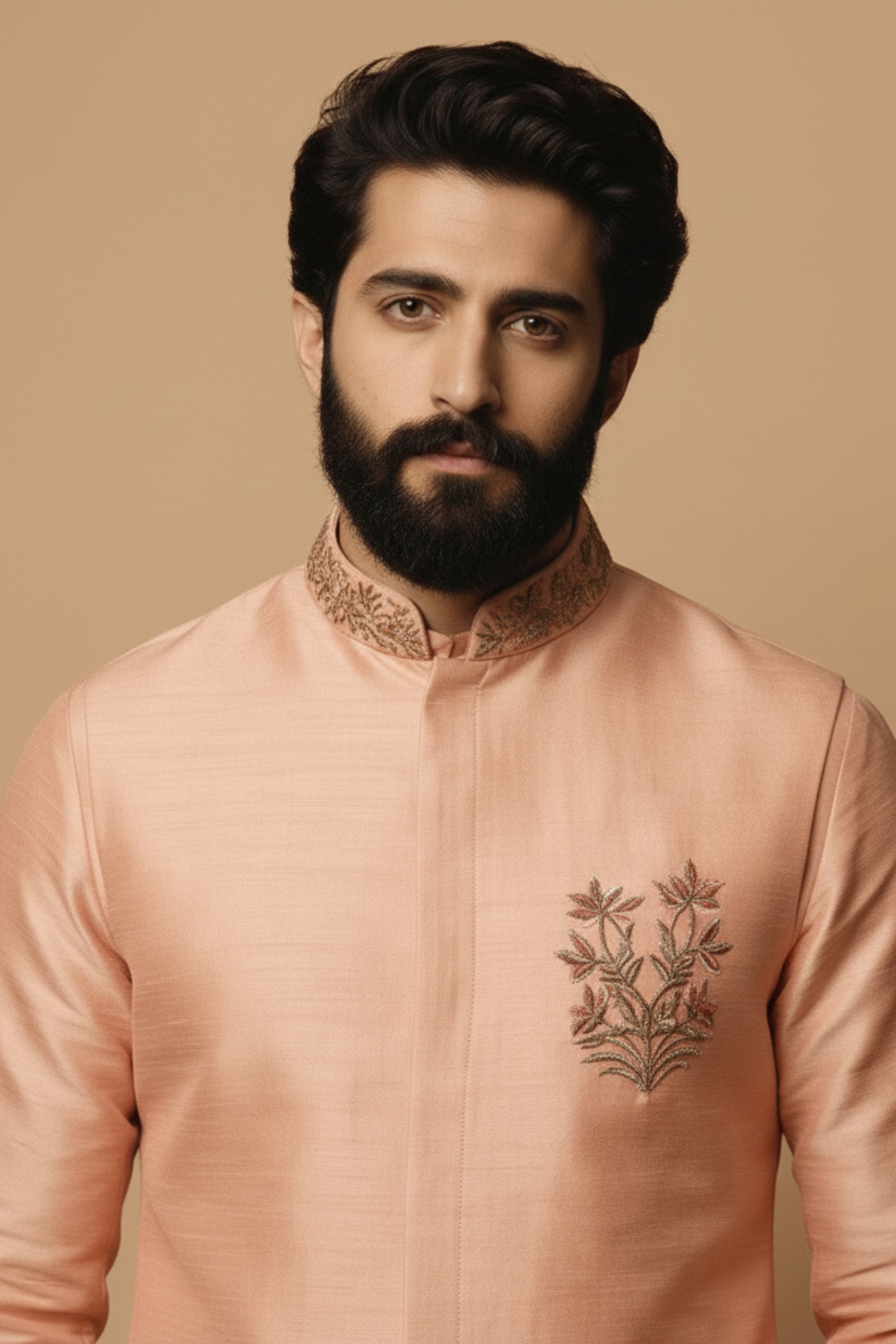 Man wearing a peach embroidered kurta against a beige background