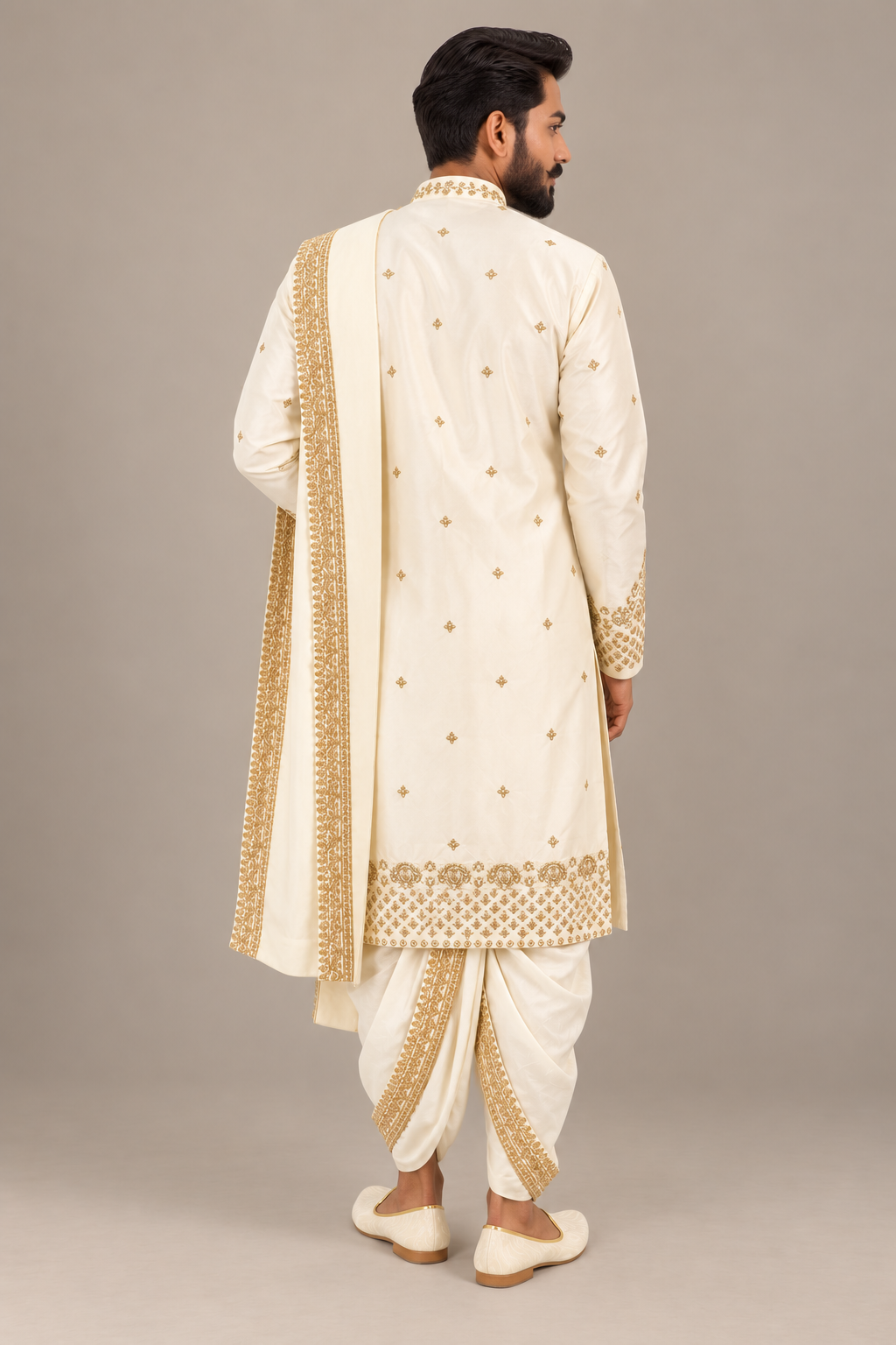 Cream Heavy all Over Embroidered Pure Pattu Kurta-Set