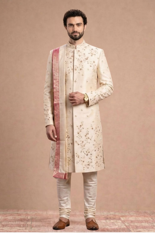 Timeless Romance: Cream Silk Sherwani with Floral Threadwork