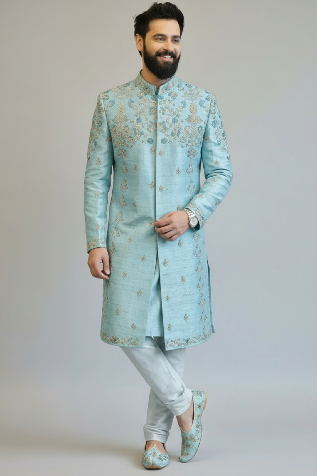 Men’s Powder Blue Self-Textured Embroidered Sherwani – Premium Wedding Wear