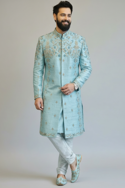 Men’s Powder Blue Self-Textured Embroidered Sherwani – Premium Wedding Wear