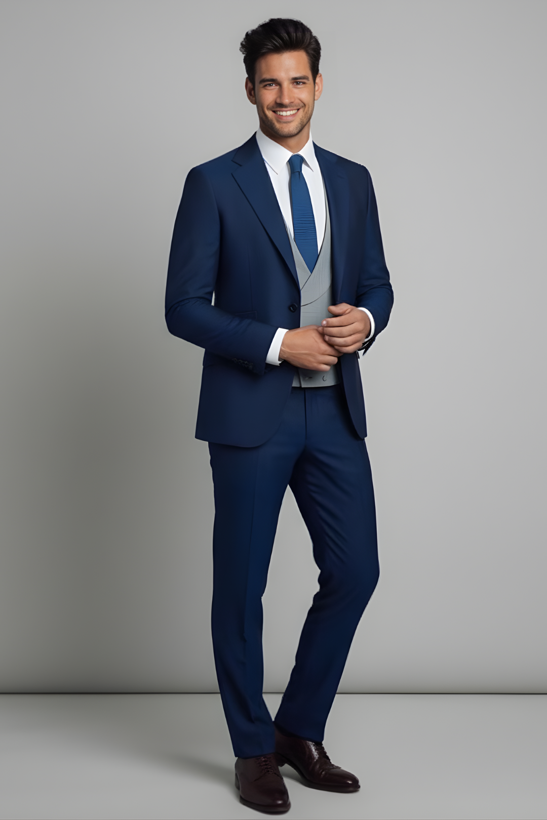 Men’s Royal Blue Three Piece Suit – Slim Fit Formal Wedding & Business Suit with Grey Waistcoat