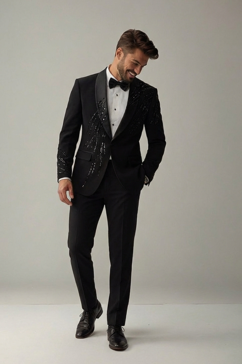 Men’s Black Designer Tuxedo Suit with Sequin Embellishment – Slim Fit Party & Wedding Wear