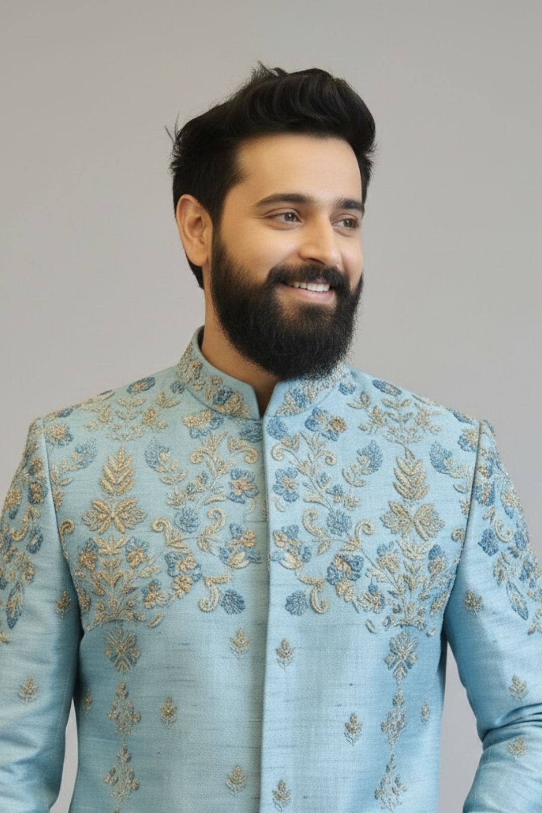Men’s Powder Blue Self-Textured Embroidered Sherwani – Premium Wedding Wear