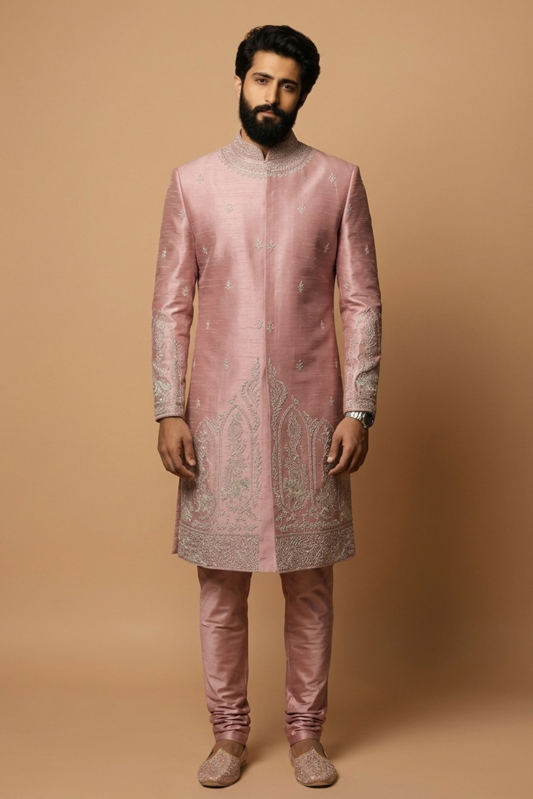 Mauve Raw Silk Sherwani with Silver Architectural Embroidery & Churidar