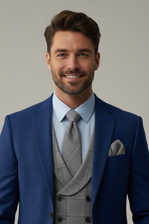 Man wearing a blue suit with a gray vest and tie against a plain background