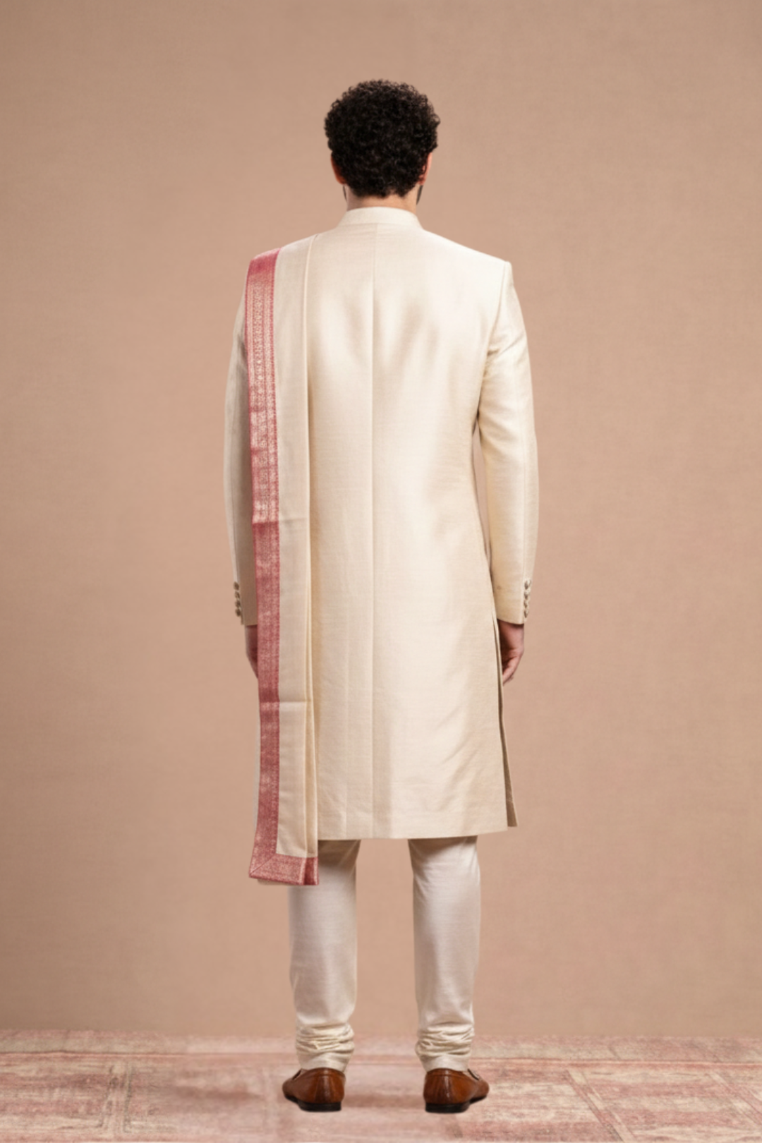 Timeless Romance: Cream Silk Sherwani with Floral Threadwork