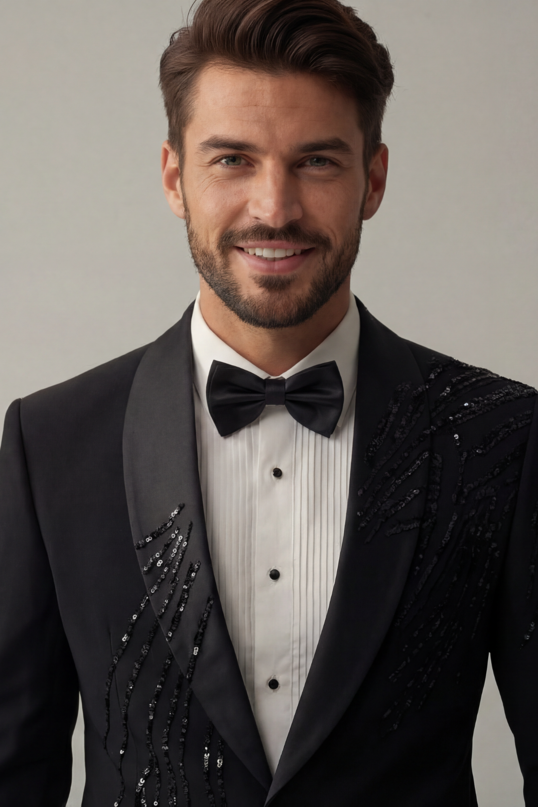 Men’s Black Designer Tuxedo Suit with Sequin Embellishment – Slim Fit Party & Wedding Wear