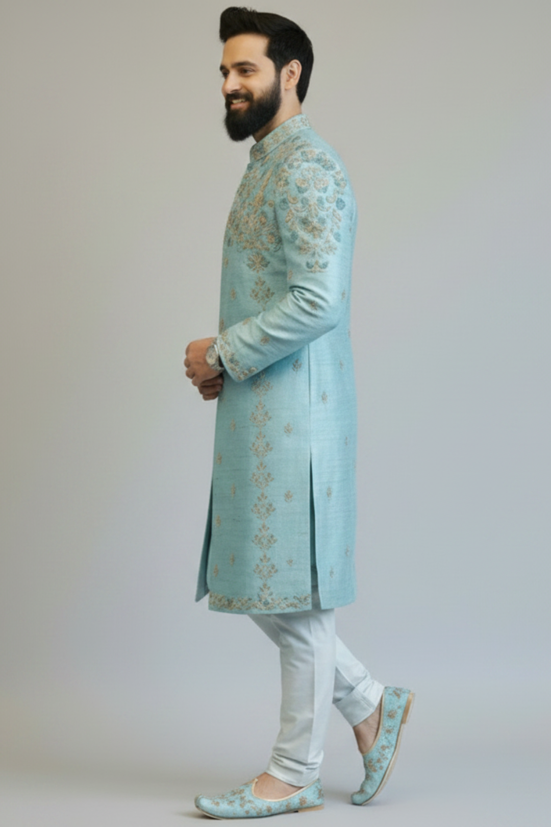 Men’s Powder Blue Self-Textured Embroidered Sherwani – Premium Wedding Wear