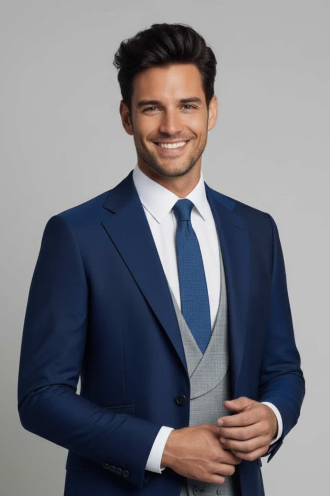 Men’s Royal Blue Three Piece Suit – Slim Fit Formal Wedding & Business Suit with Grey Waistcoat