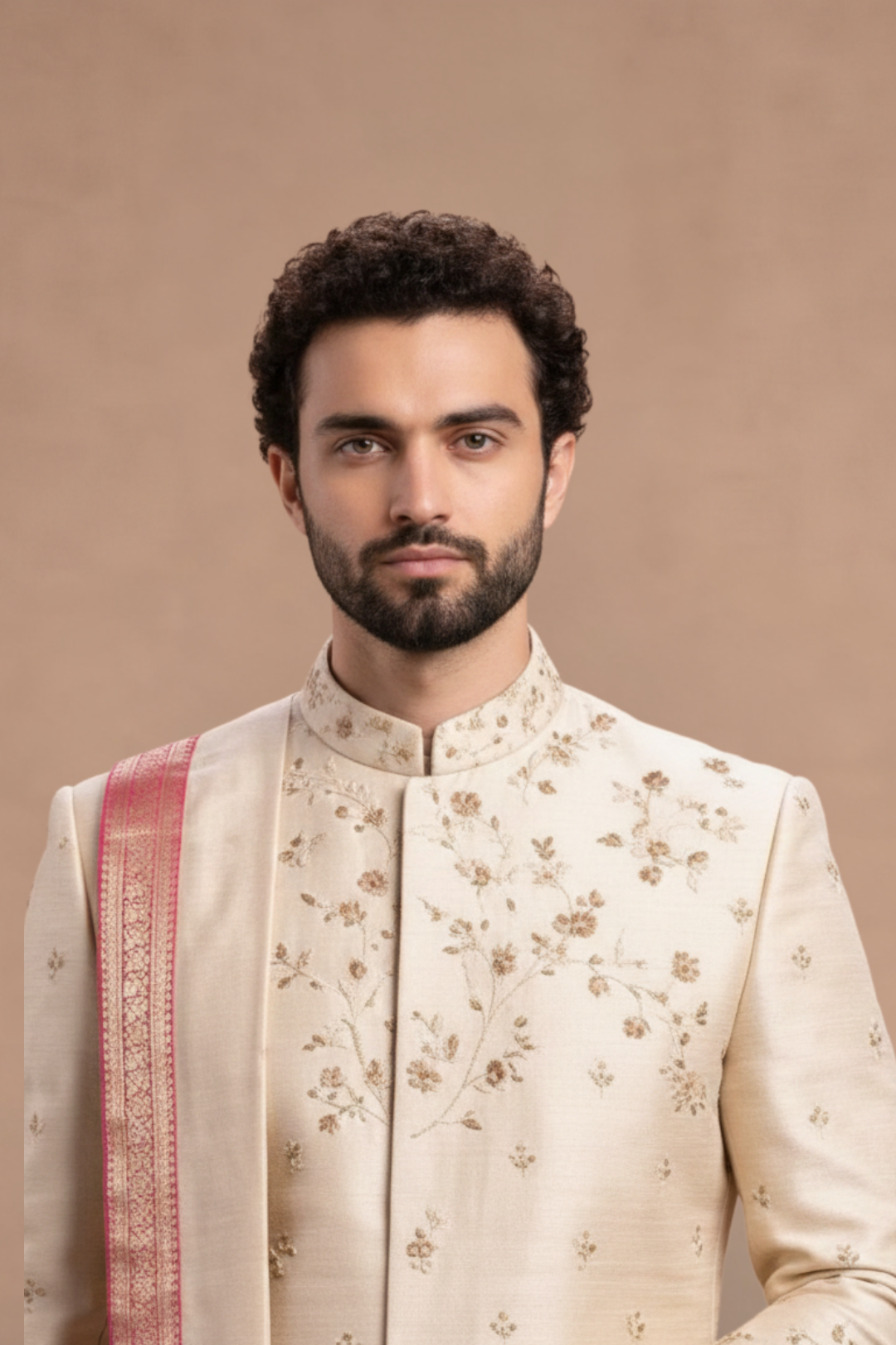 Timeless Romance: Cream Silk Sherwani with Floral Threadwork