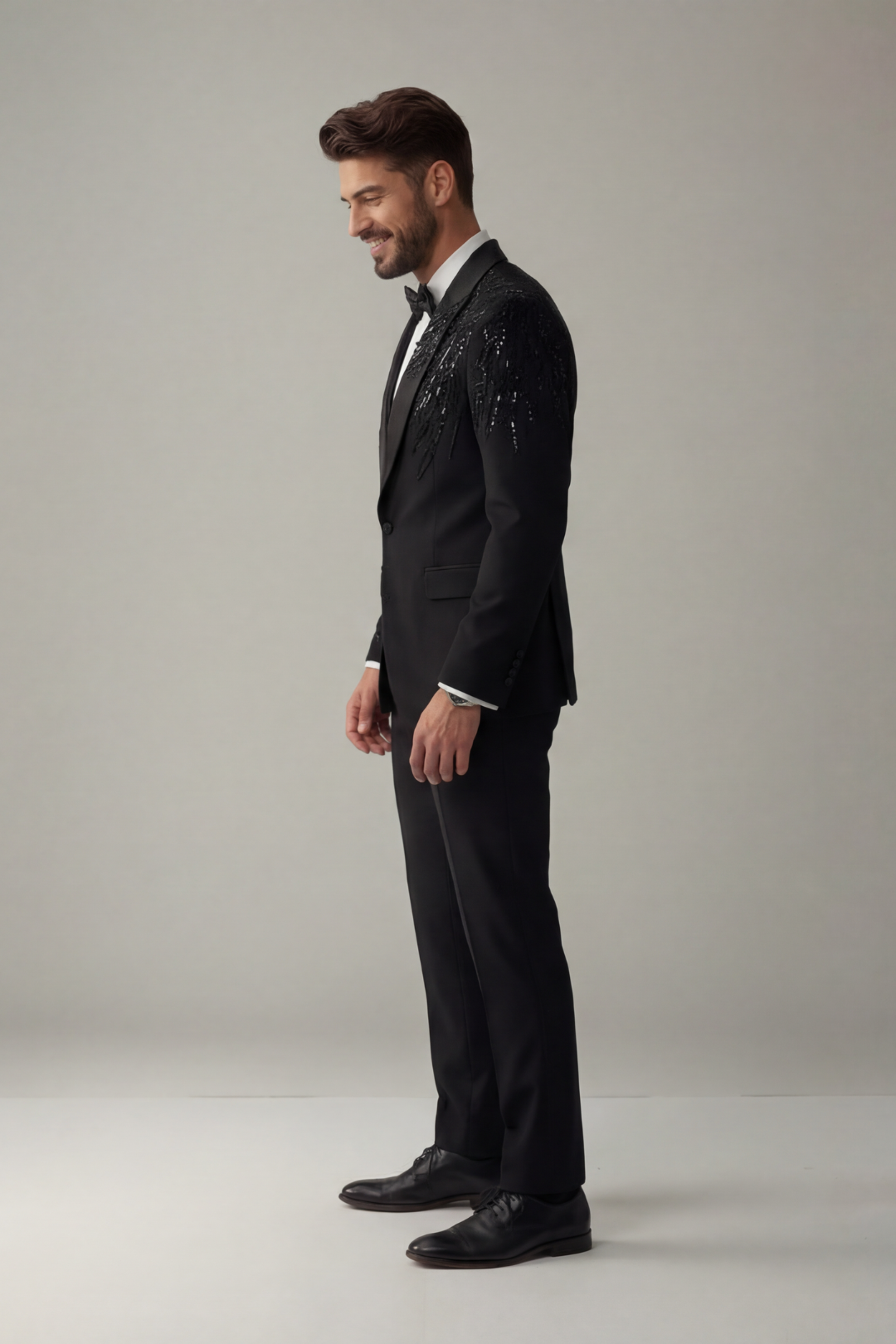 Men’s Black Designer Tuxedo Suit with Sequin Embellishment – Slim Fit Party & Wedding Wear