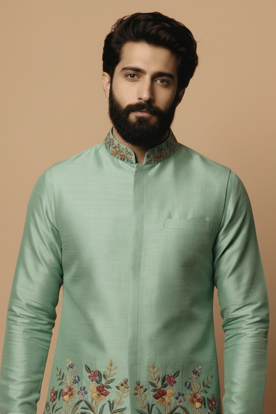 Man wearing a light green kurta with floral embroidery on a beige background