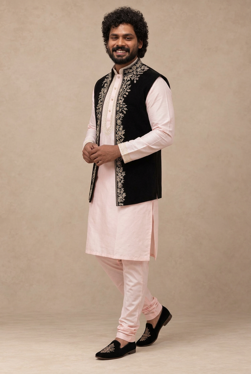 Black Floral Embroidered Nehru Jacket  (Midnight Royale)