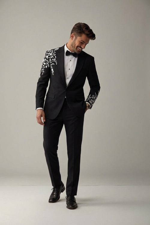 Men’s Black Embroidered Tuxedo Suit – Slim Fit Designer Wedding & Party Wear