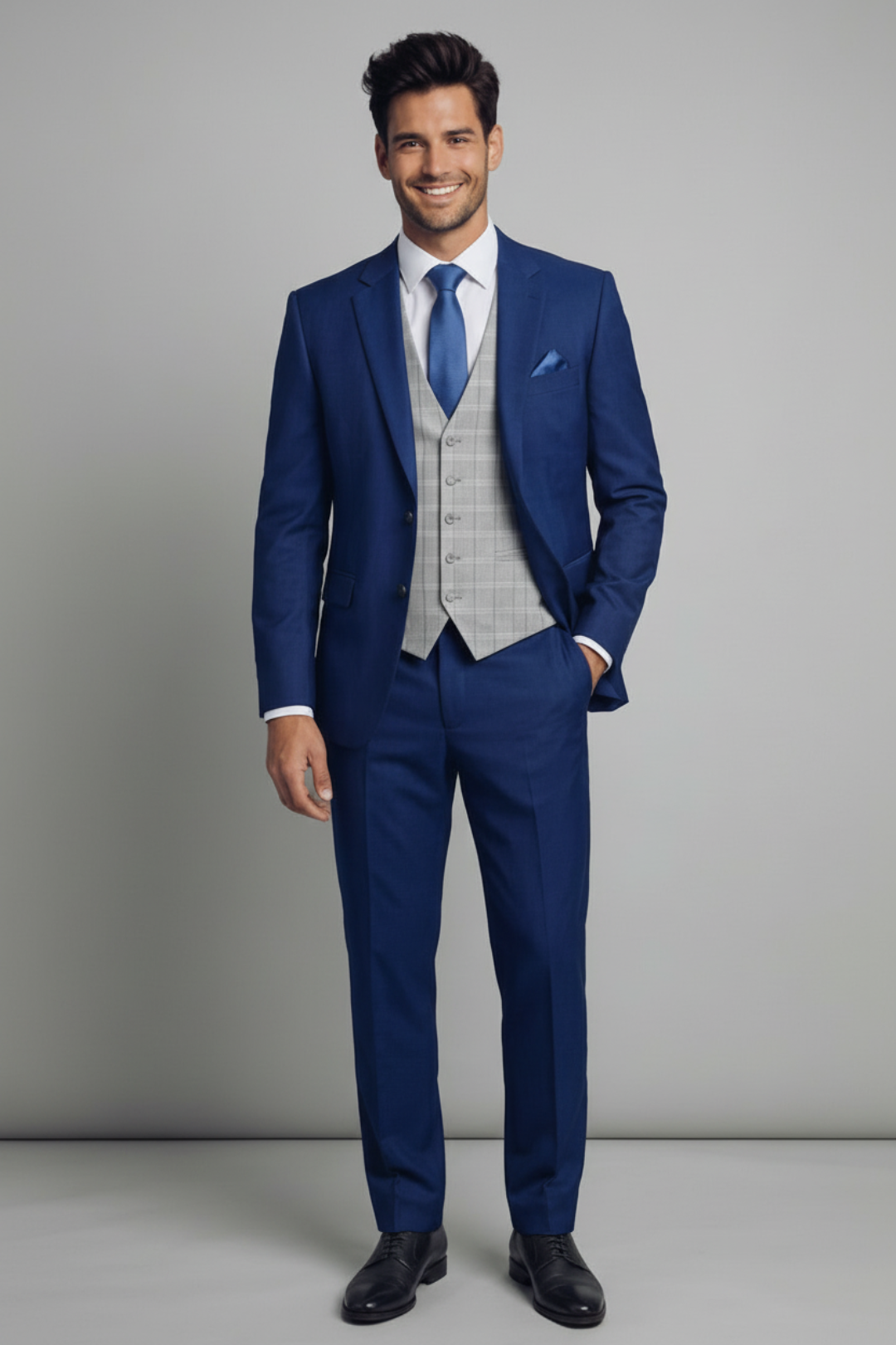 Man wearing a blue suit with a gray vest and blue tie against a plain background