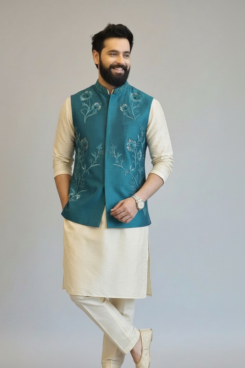 Man wearing a traditional outfit with a teal vest on a plain background