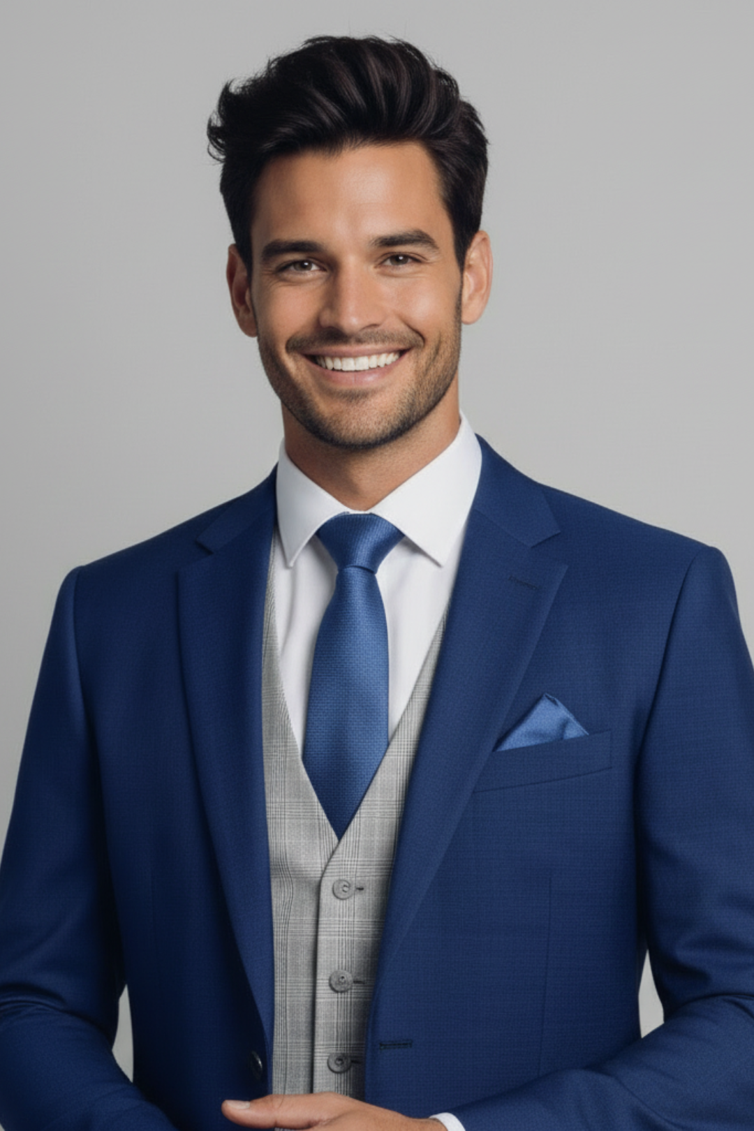 Man wearing a blue suit with a gray vest and white shirt on a gray background