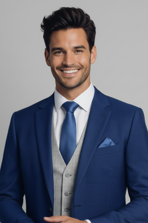 Man wearing a blue suit with a gray vest and white shirt on a gray background