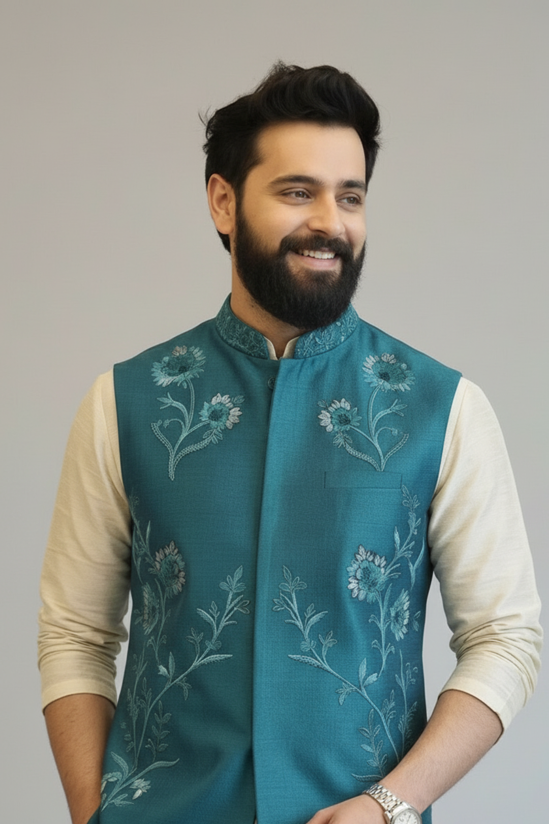 Man wearing a teal embroidered vest over a beige shirt on a gray background