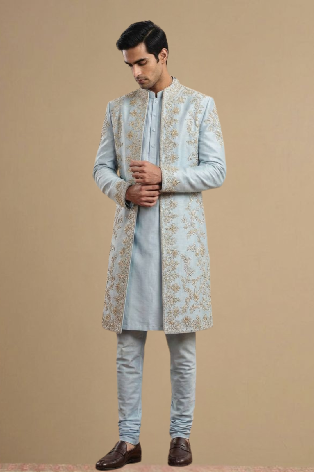 Powder Blue Embroidered Indowestern for Men – Wedding & Festive Wear