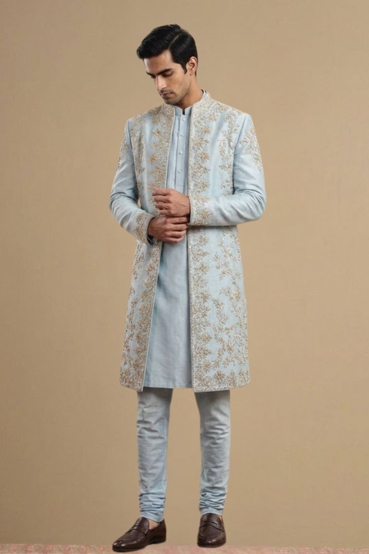 Powder Blue Embroidered Indowestern for Men – Wedding & Festive Wear