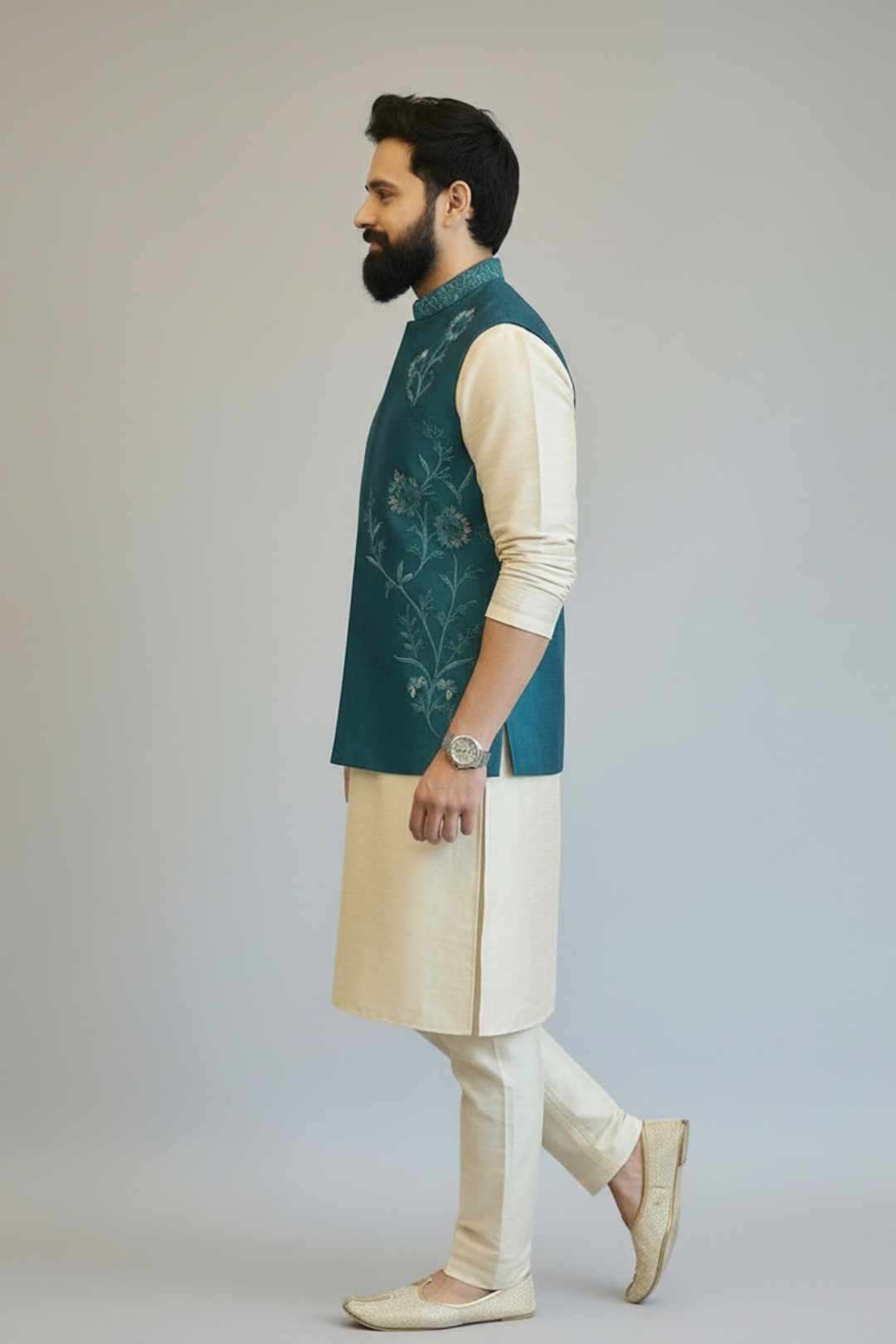 Man wearing a teal embroidered vest over a cream kurta with beige pants on a light gray background