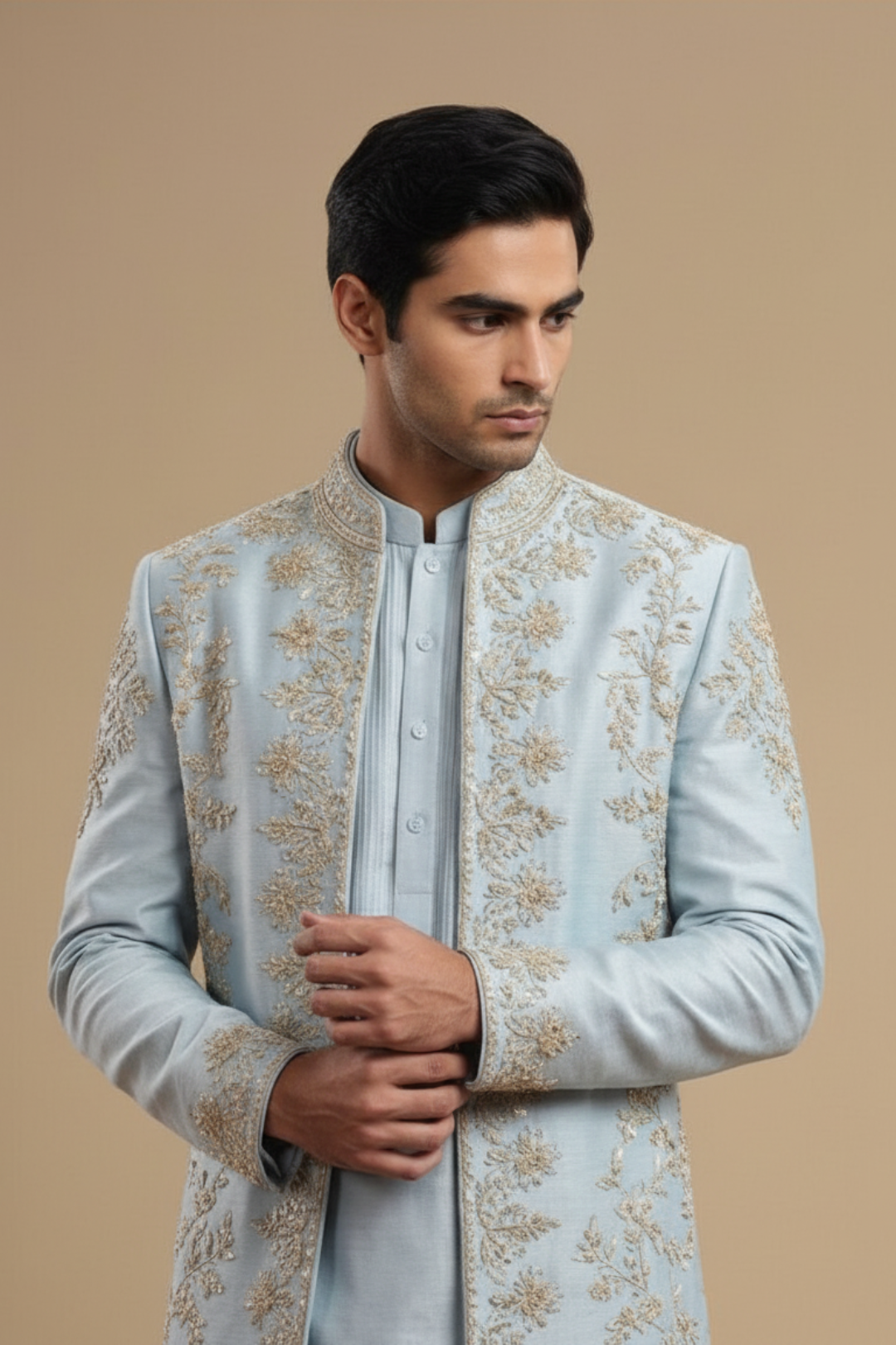 Powder Blue Embroidered Indowestern for Men – Wedding & Festive Wear