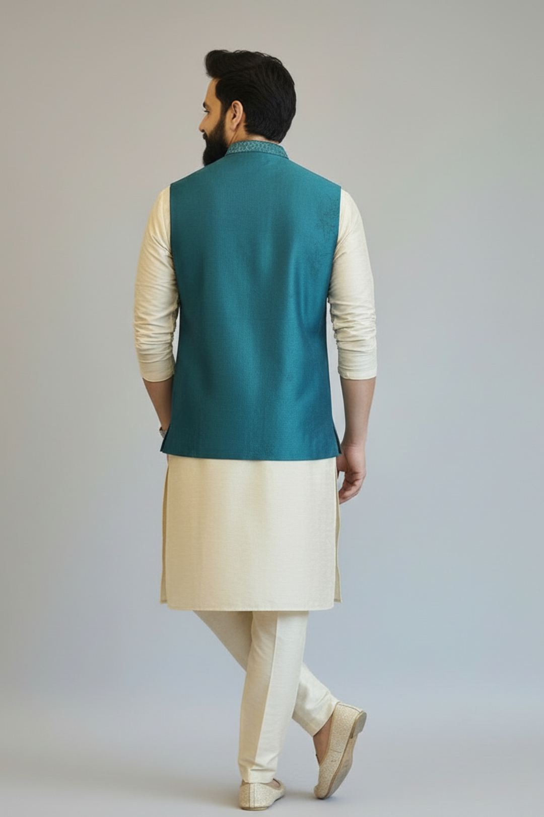Man wearing a teal vest over a cream kurta with white pants on a plain background