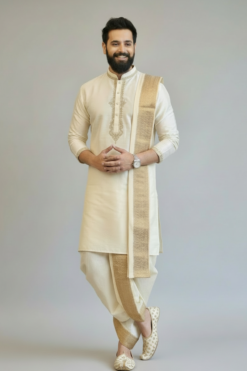 Ivory Kurta for Men with Gold Embroidery – Classic Wedding & Festive Ethnic Wear