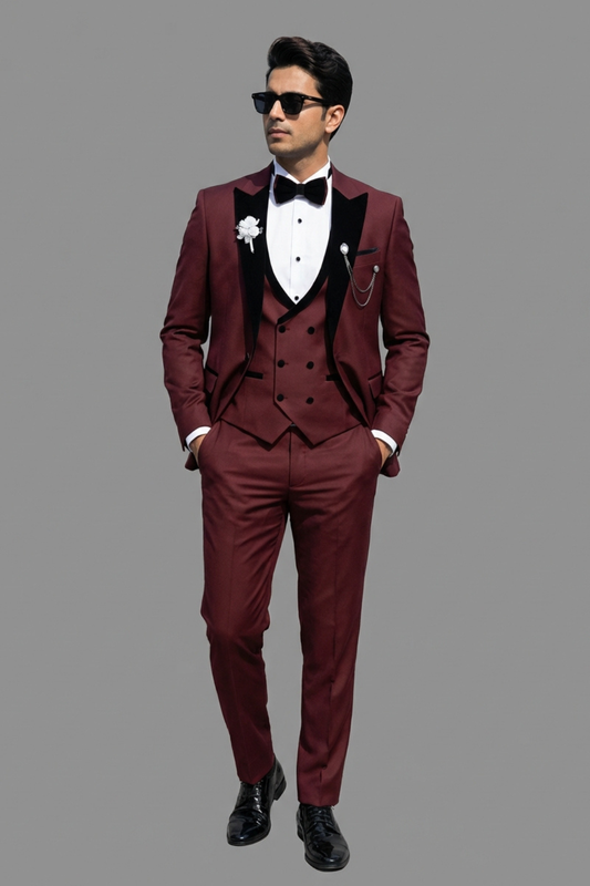 Luxury Wine Red 3-Piece Tuxedo Suit for Men – Slim Fit Wedding & Reception Blazer Set