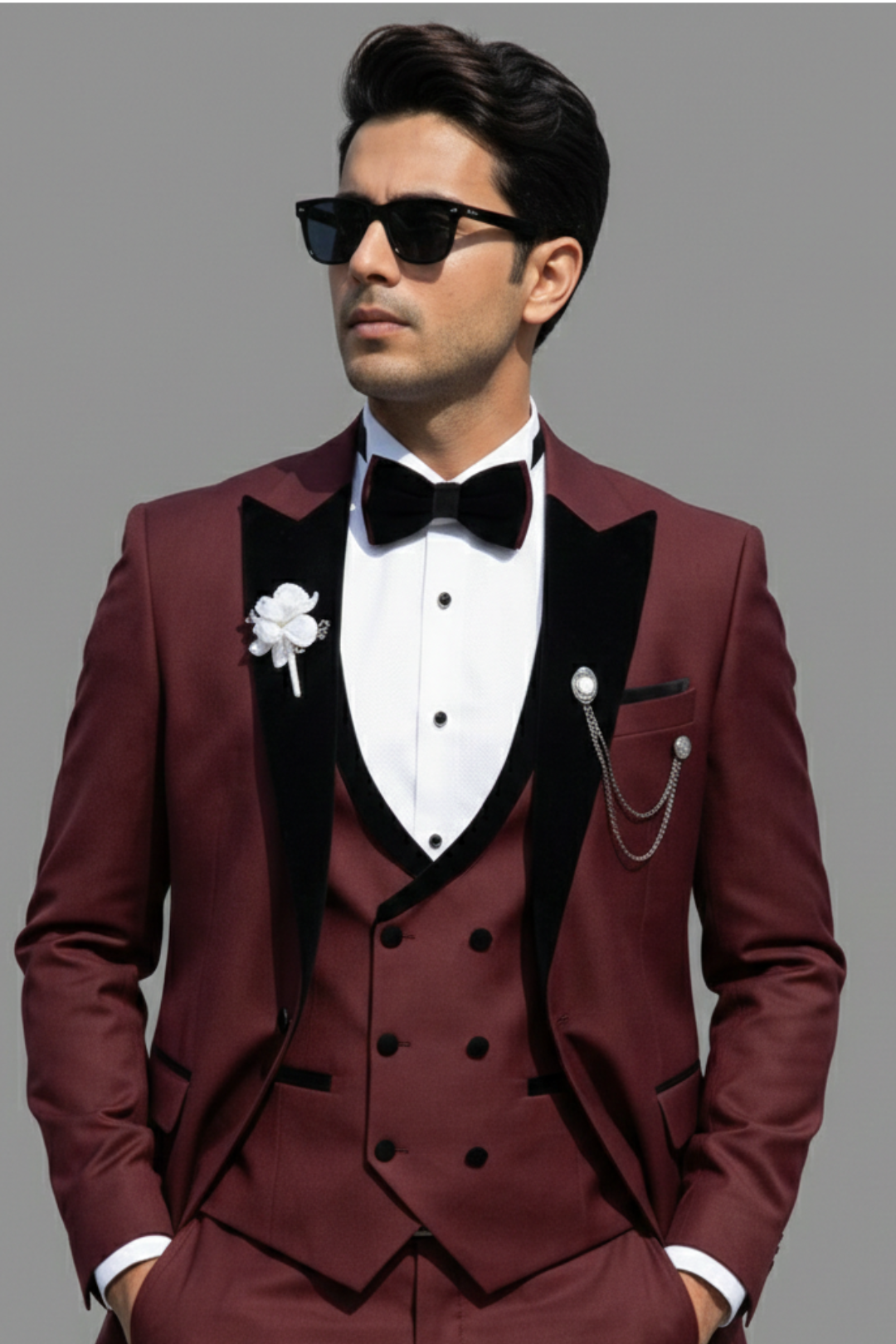 Luxury Wine Red 3-Piece Tuxedo Suit for Men – Slim Fit Wedding & Reception Blazer Set