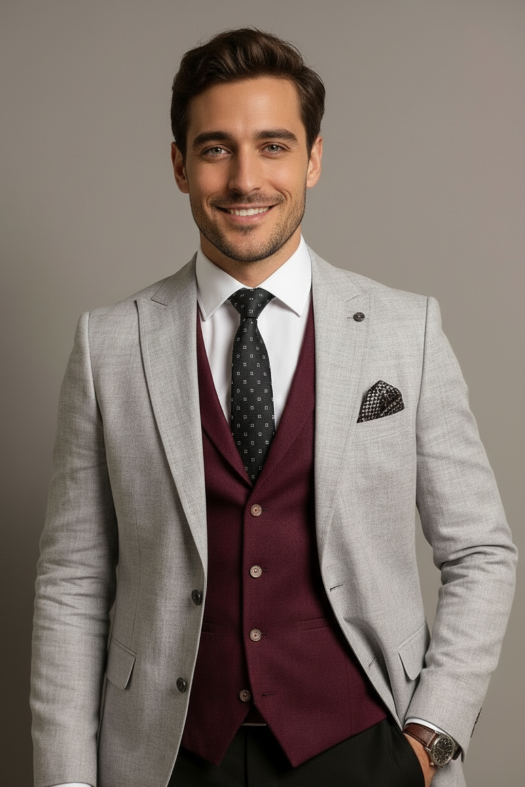 Man wearing a gray suit with a maroon vest and black tie against a neutral background