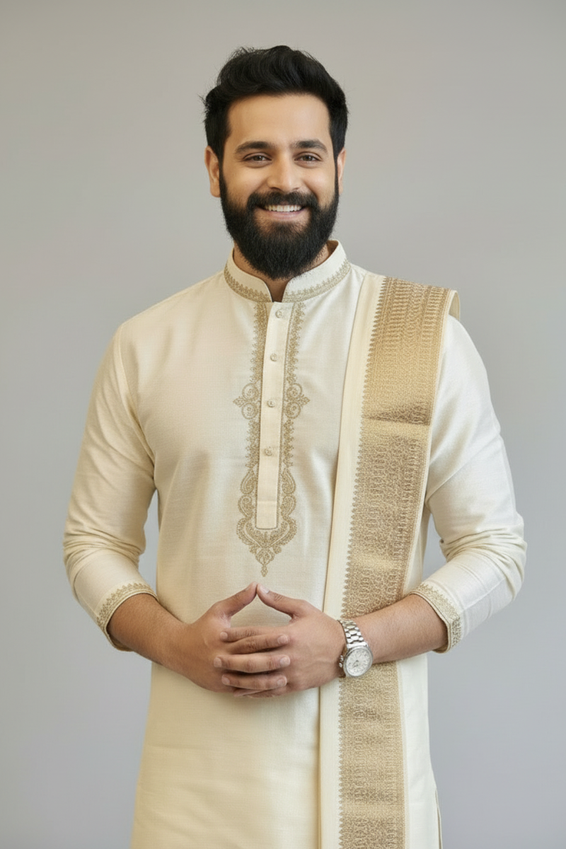 Ivory Kurta for Men with Gold Embroidery – Classic Wedding & Festive Ethnic Wear