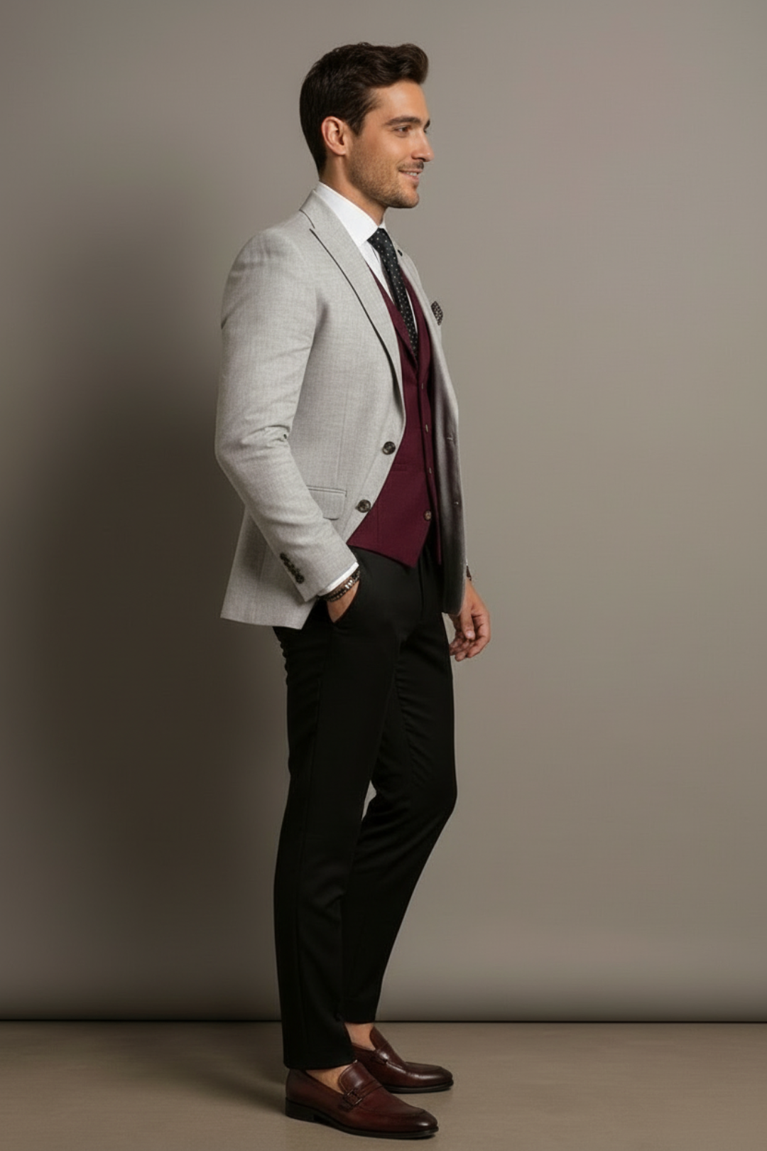 Man wearing a gray suit with a maroon vest against a neutral background