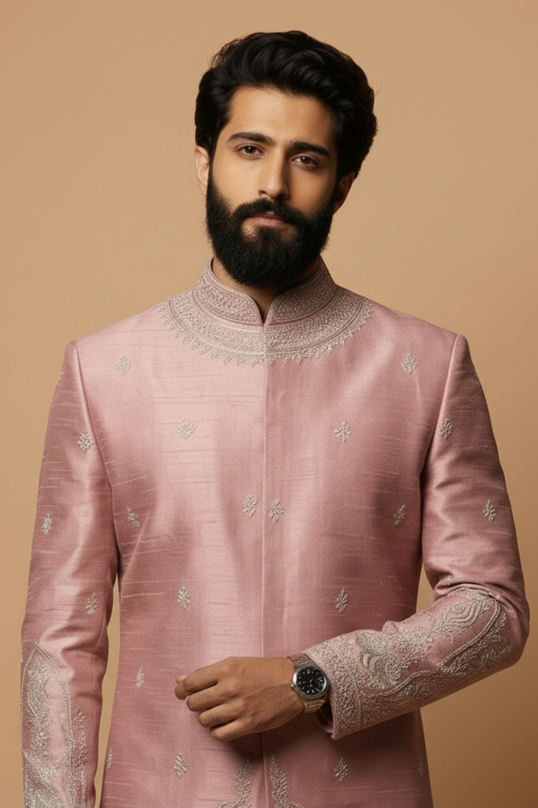 Mauve Raw Silk Sherwani with Silver Architectural Embroidery & Churidar