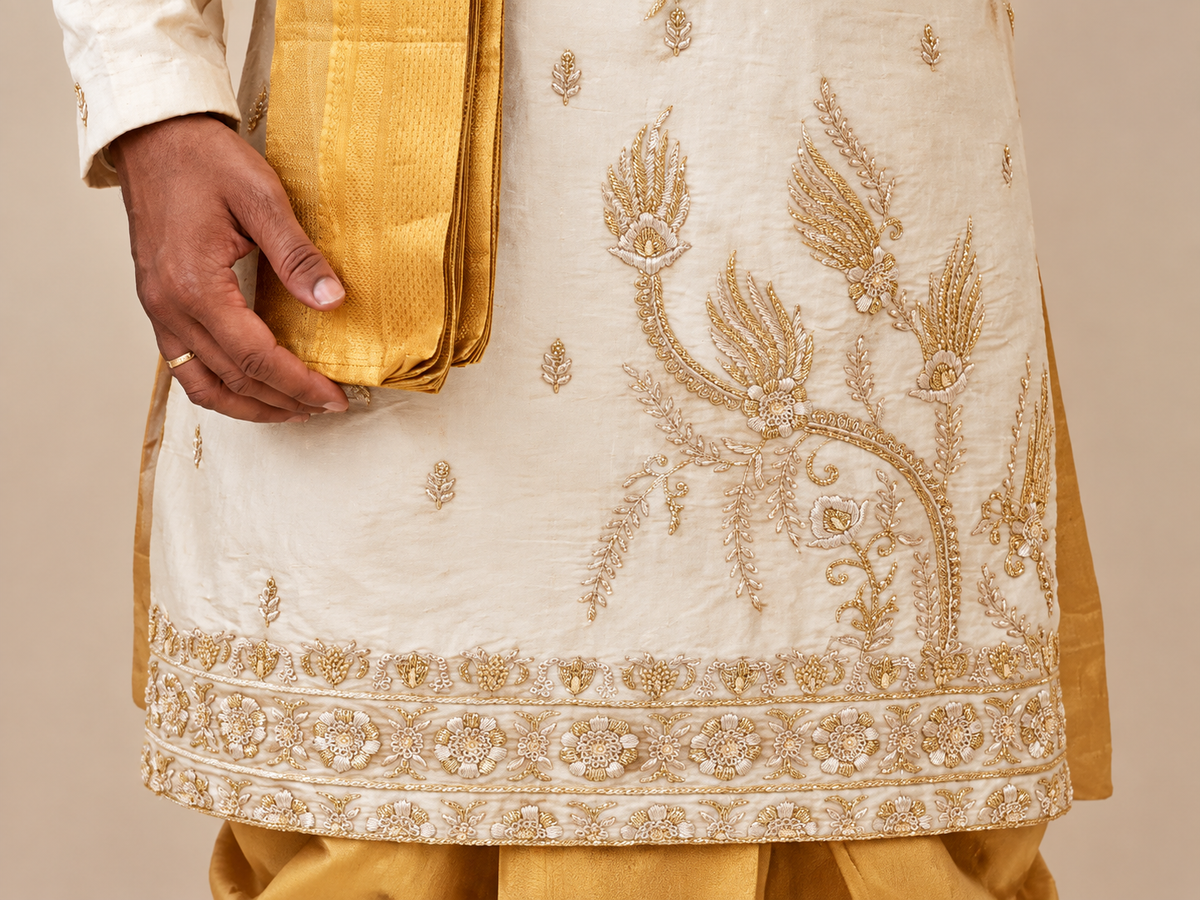 Cream Embroidered Kurta for Men with Gold Zari Work – Premium Wedding & Festive Ethnic Wear