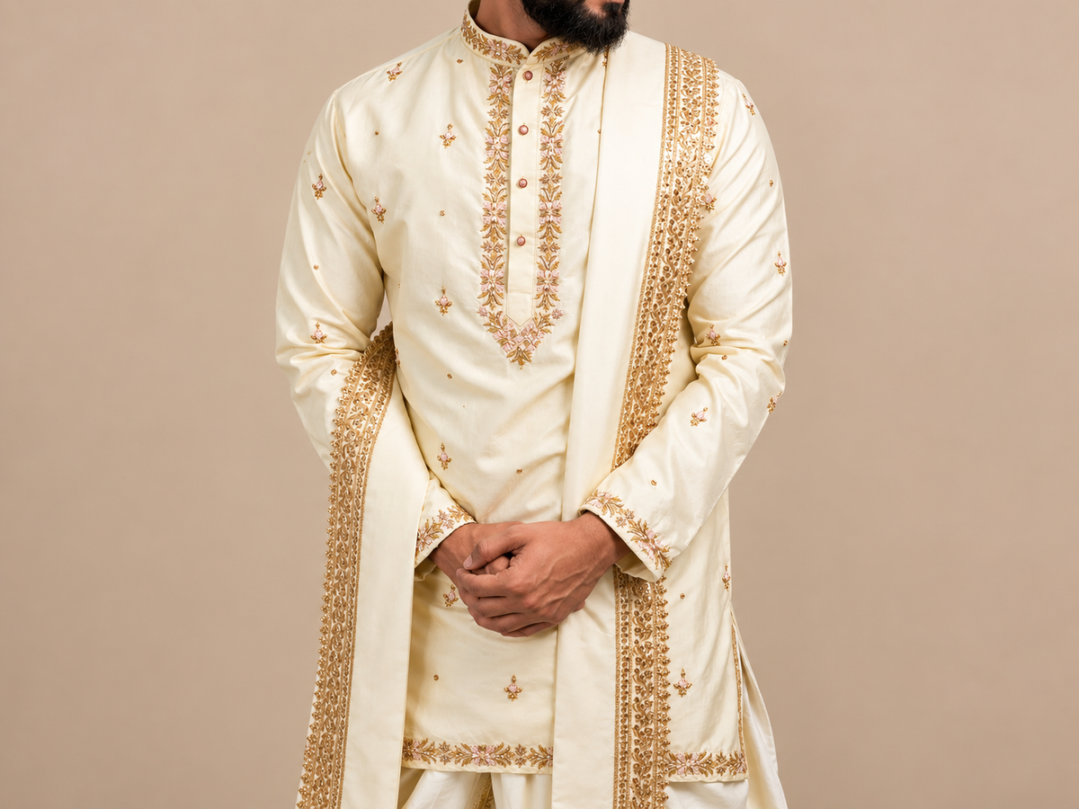 Royal Cream Embroidered Kurta Set with Dhoti & Designer Stole
