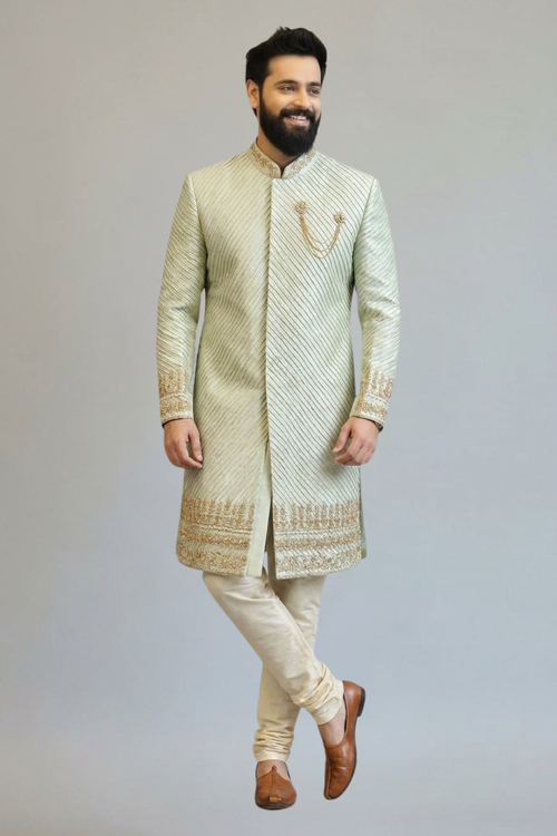 Mint Green Embroidered Sherwani for Men with Gold Zari Border Work – Luxury Wedding & Reception Wear