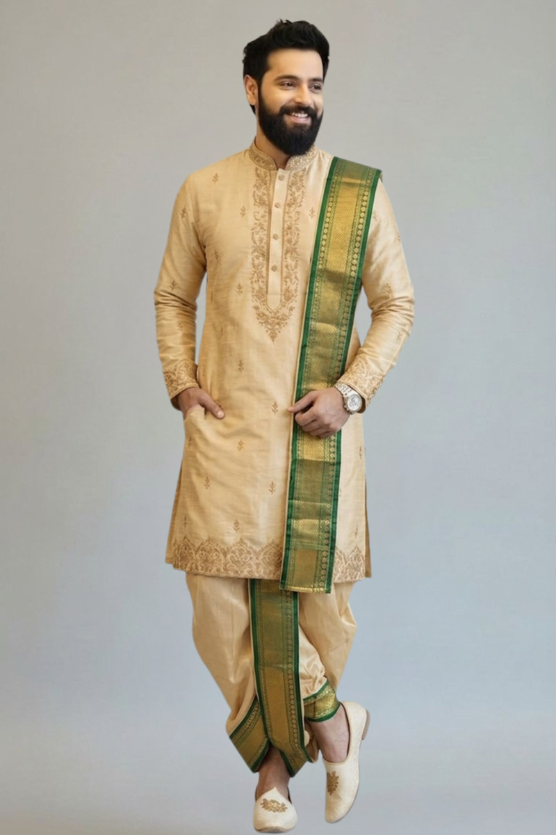 Golden Silk Kurta for Men with Traditional Zari Embroidery – Premium Wedding & Festive Ethnic Wear