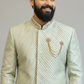 Mint Green Embroidered Sherwani for Men with Gold Zari Border Work – Luxury Wedding & Reception Wear