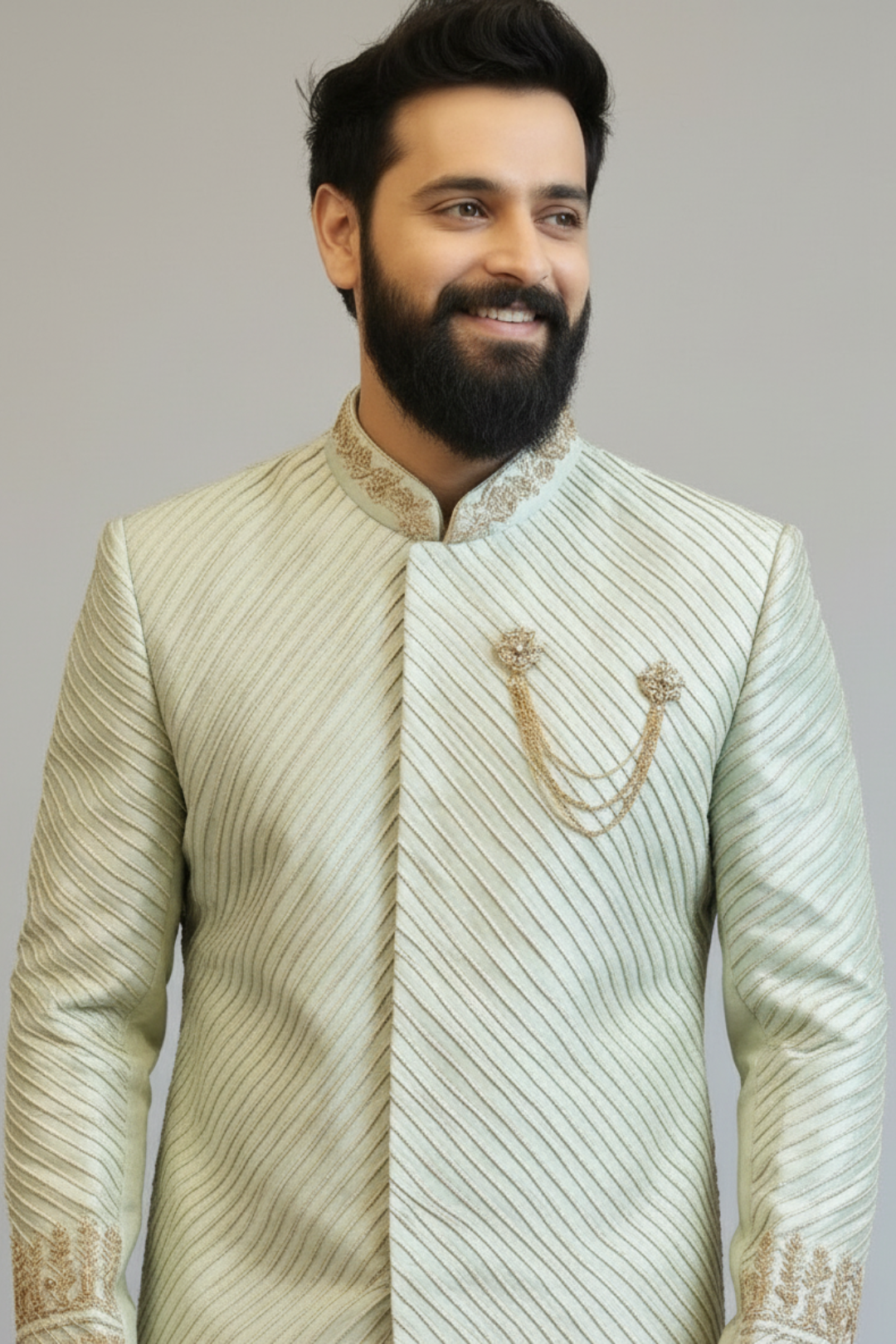 Mint Green Embroidered Sherwani for Men with Gold Zari Border Work – Luxury Wedding & Reception Wear