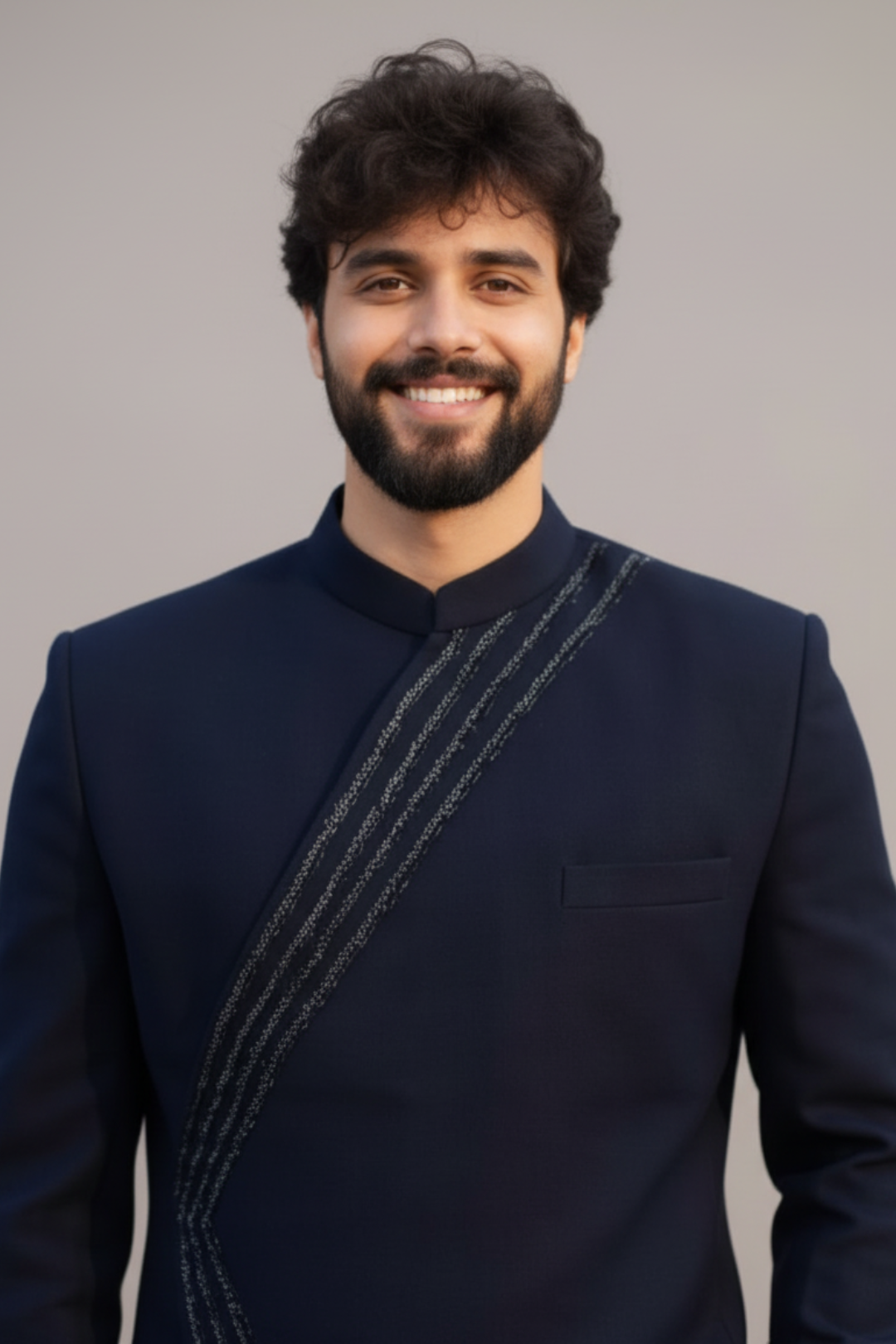 Luxury Navy Blue Asymmetric Indo-Western Outfit for Men