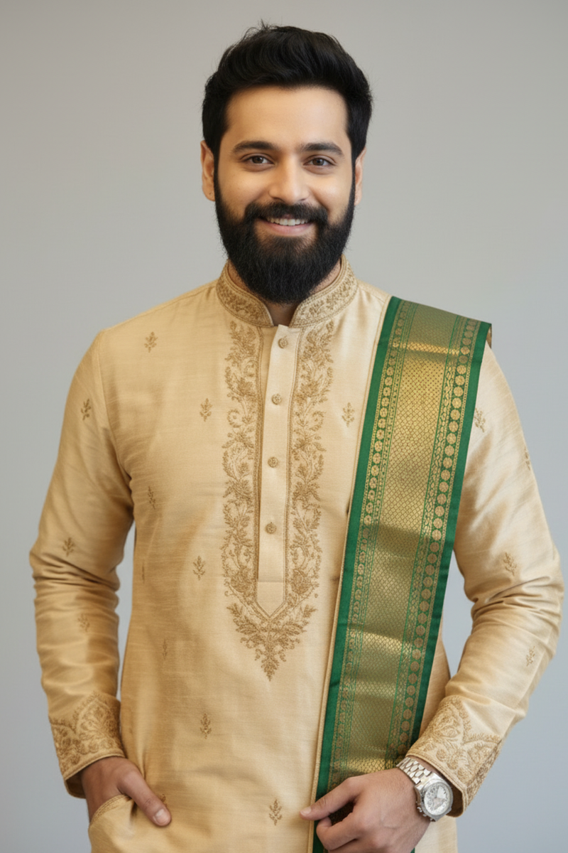 Golden Silk Kurta for Men with Traditional Zari Embroidery – Premium Wedding & Festive Ethnic Wear