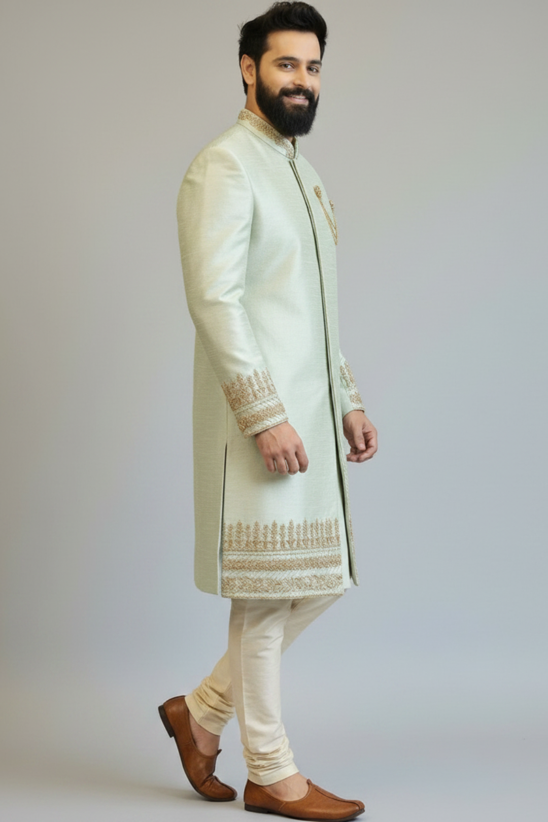 Mint Green Embroidered Sherwani for Men with Gold Zari Border Work – Luxury Wedding & Reception Wear