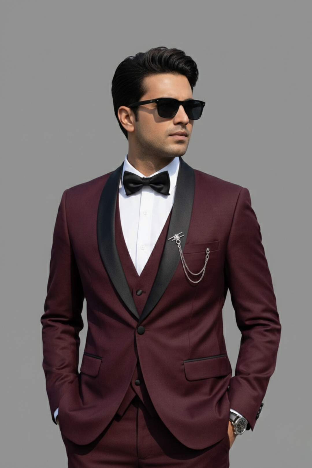 Elegant Wine Maroon 3-Piece Tuxedo Suit for Men – Slim Fit Satin Lapel Wedding Suit