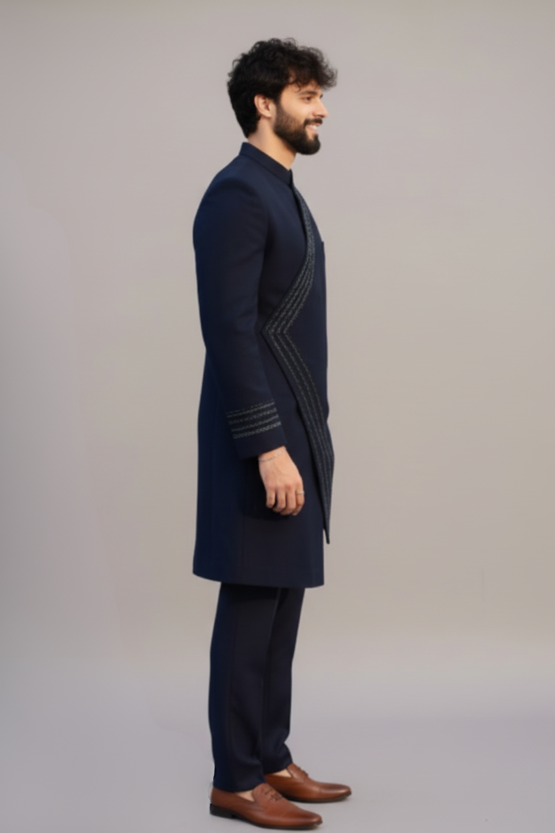 Luxury Navy Blue Asymmetric Indo-Western Outfit for Men