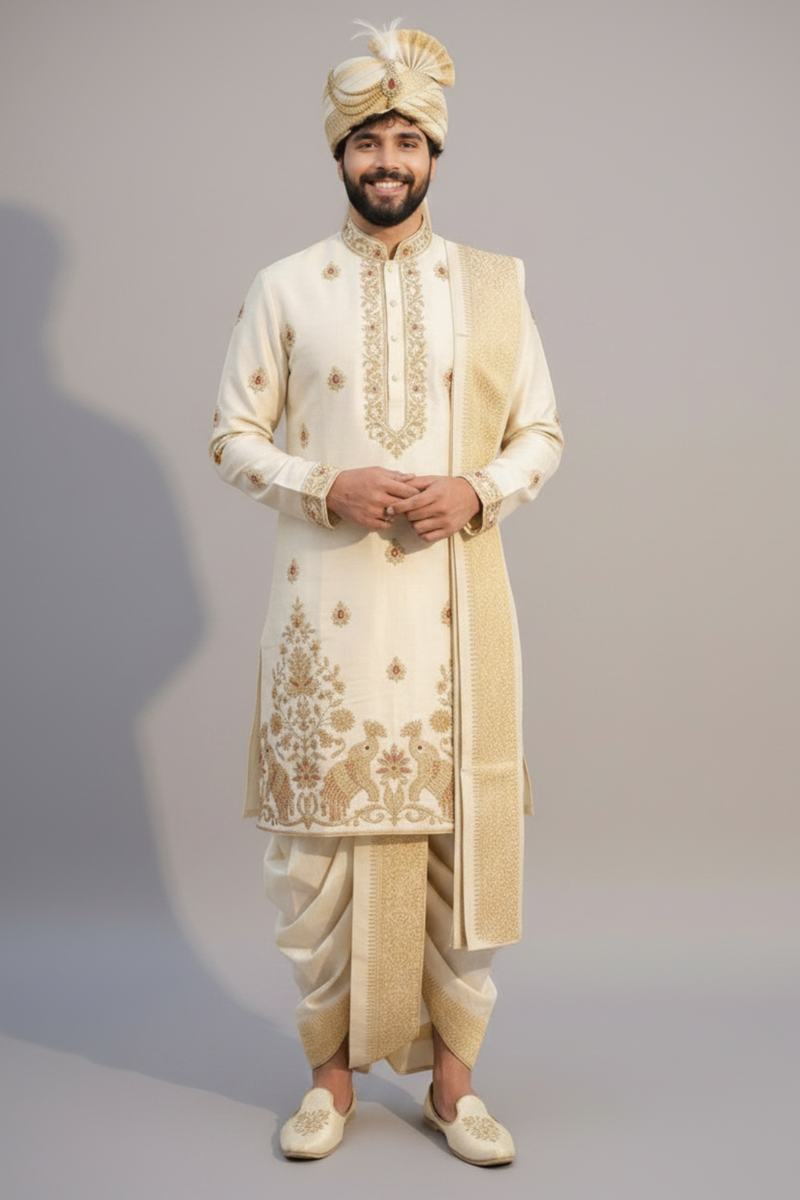 Ivory Pattu Pancha with Elephant & Floral Zari Embroidery – Traditional South Indian Wedding Groom Outfit